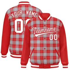 Gray Red-White Plaid Varsity Letterman Baseball Jacket 1