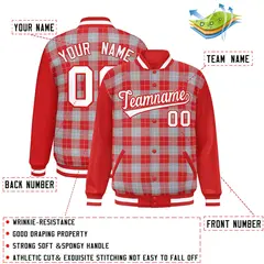 Gray Red-White Plaid Varsity Letterman Baseball Jacket 2