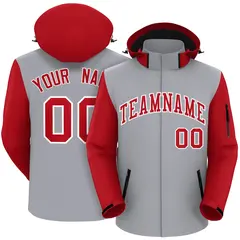 Gray Red-White Raglan Sleeves Waterproof Jacket