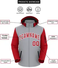 Gray Red-White Raglan Sleeves Waterproof Jacket 2