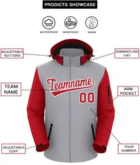 Gray Red-White Raglan Sleeves Waterproof Jacket 2