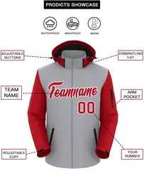 Gray Red-White Raglan Sleeves Waterproof Jacket 2