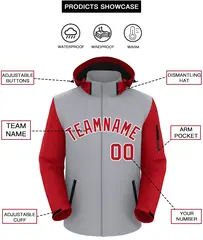 Gray Red-White Raglan Sleeves Waterproof Jacket 2