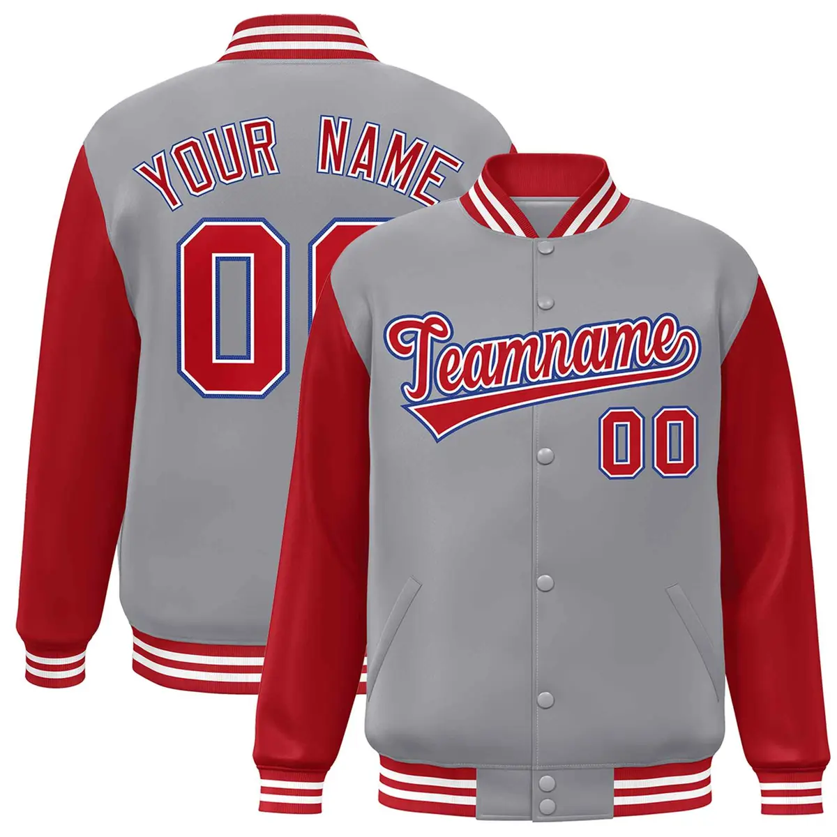 Gray Red-White Raglan Varsity Full-Snap Letterman Jacket