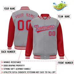 Gray Red-White Raglan Varsity Full-Snap Letterman Jacket 2