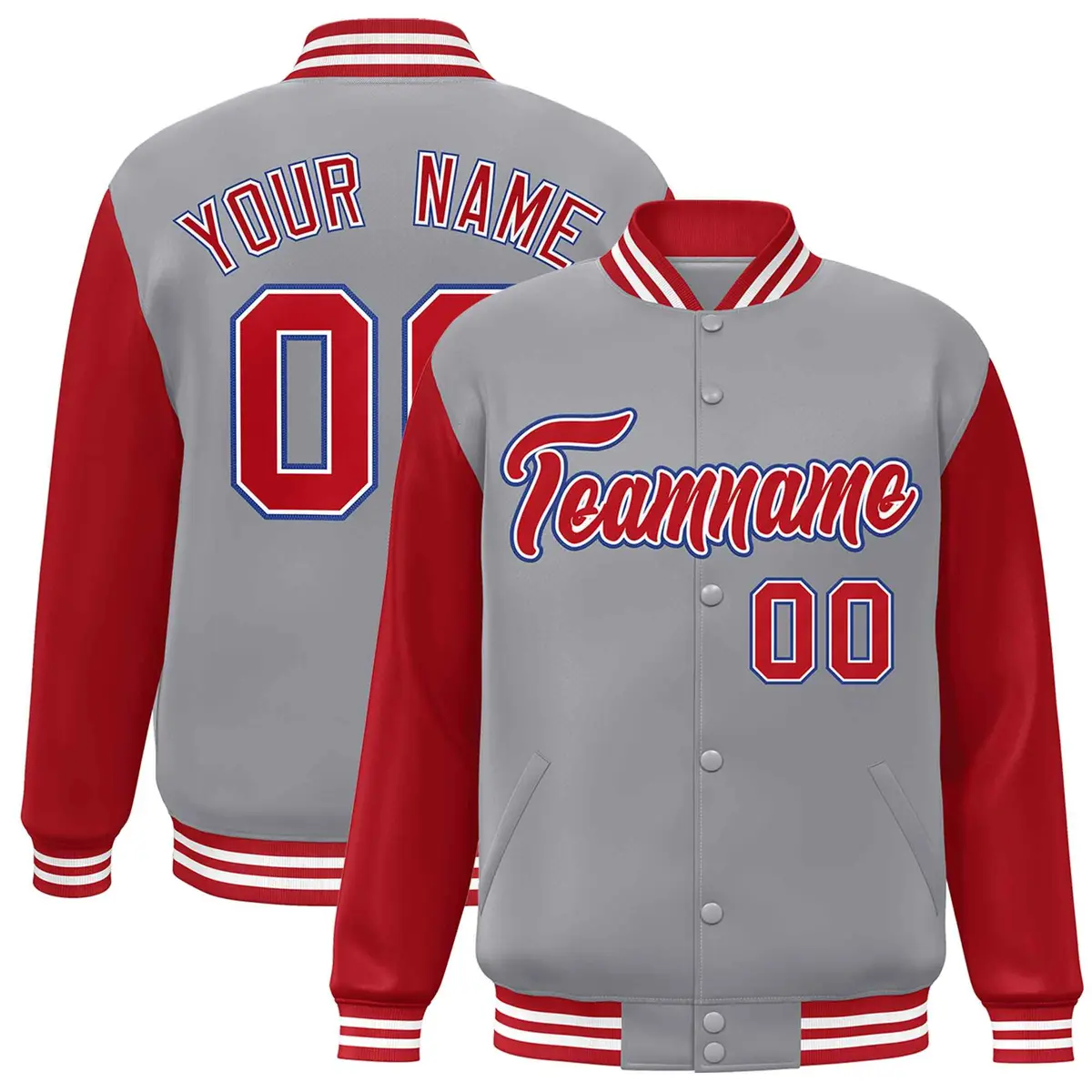 Gray Red-White Raglan Varsity Full-Snap Letterman Jacket
