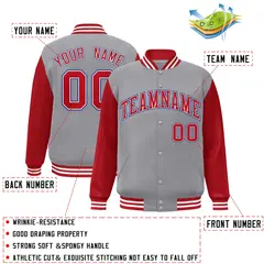 Gray Red-White Raglan Varsity Full-Snap Letterman Jacket 2