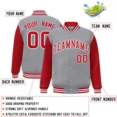 Gray Red-White Raglan Varsity Full-Snap Letterman Jacket 2