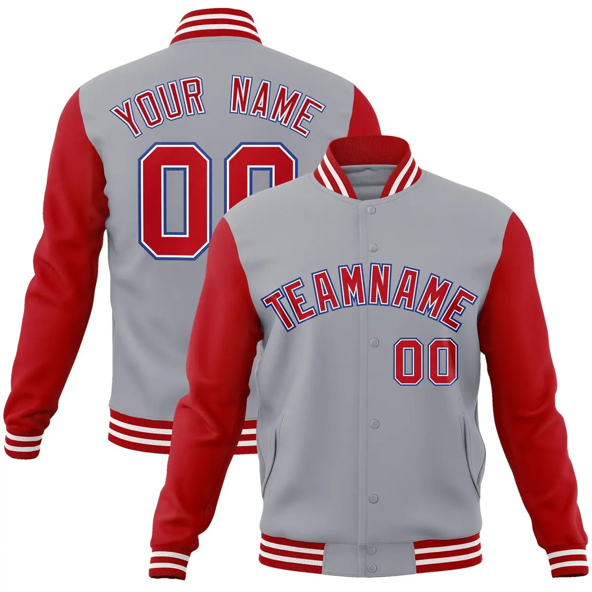 Gray Red-White Raglan Varsity Full-Snap Letterman Jacket