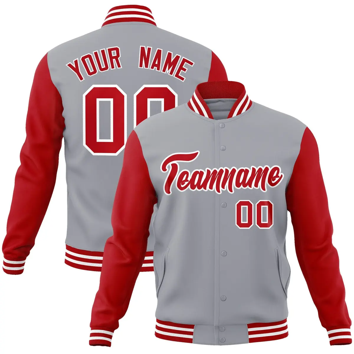 Gray Red-White Raglan Varsity Full-Snap Letterman Jacket