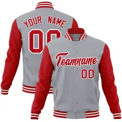 Gray Red-White Raglan Varsity Full-Snap Letterman Jacket