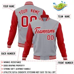 Gray Red-White Raglan Varsity Full-Snap Letterman Jacket 4