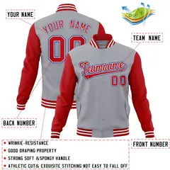 Gray Red-White Raglan Varsity Full-Snap Letterman Jacket 4