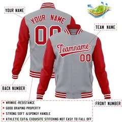 Gray Red-White Raglan Varsity Full-Snap Letterman Jacket 4