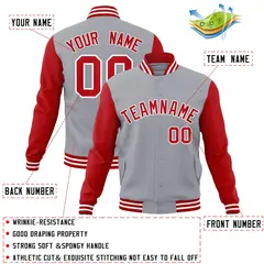 Gray Red-White Raglan Varsity Full-Snap Letterman Jacket 4