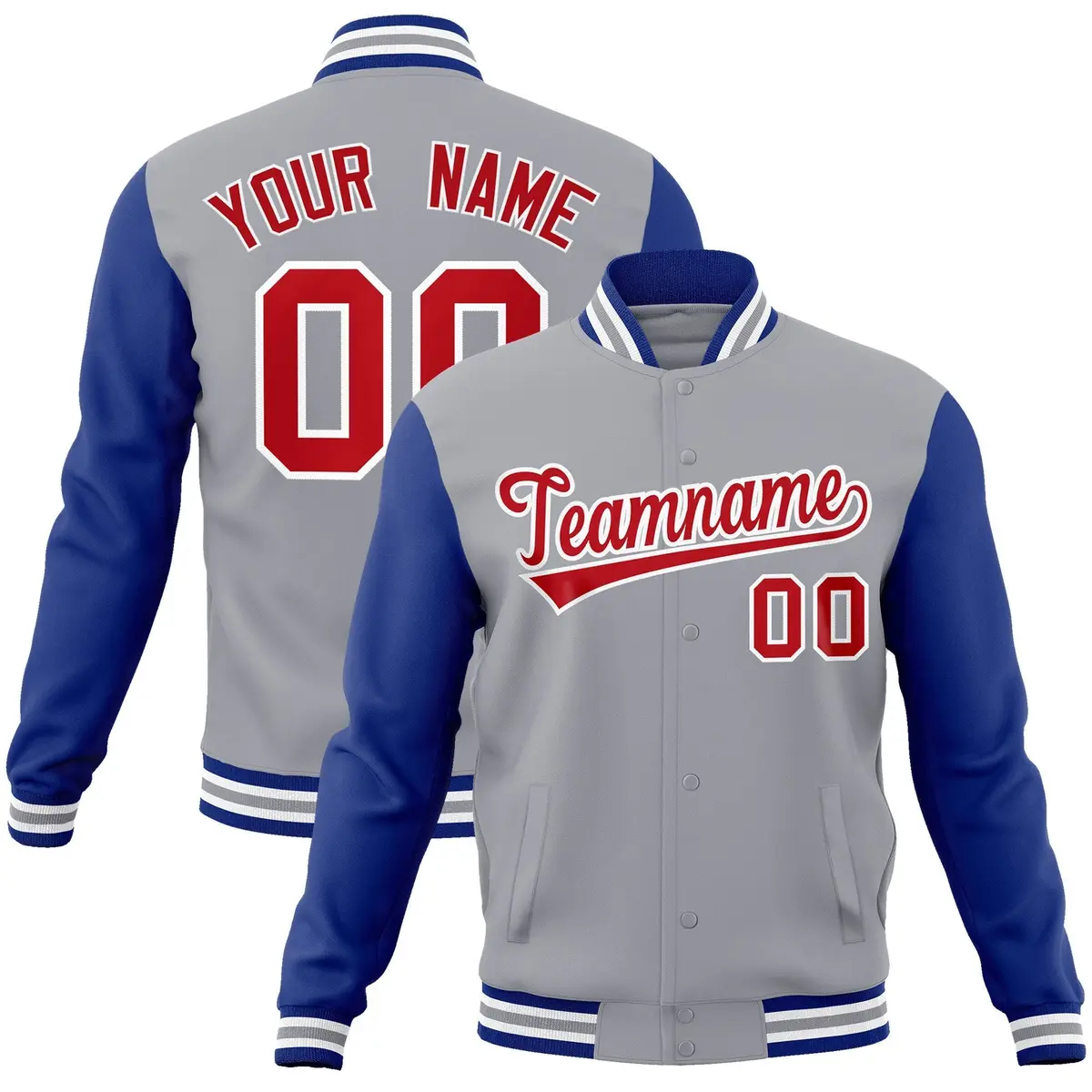 Gray Red-White Raglan Varsity Full-Snap Letterman Jacket