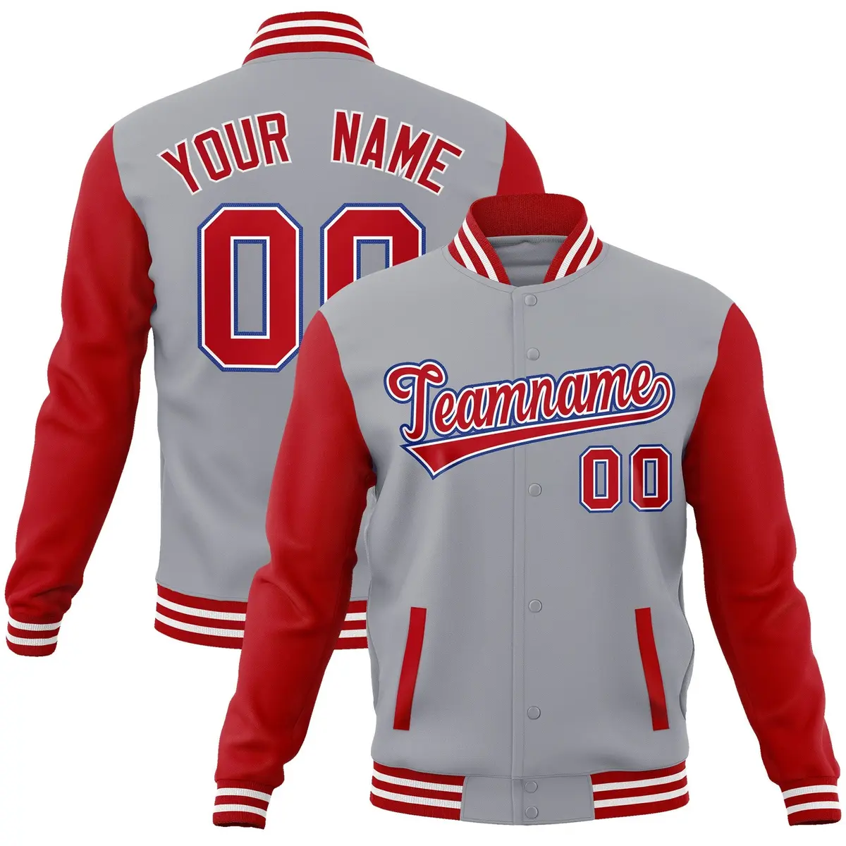 Gray Red-White Raglan Varsity Full-Snap Letterman Jacket