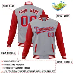 Gray Red-White Raglan Varsity Full-Snap Letterman Jacket 4