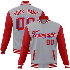 Gray Red-White Raglan Varsity Full-Snap Letterman Jacket 1