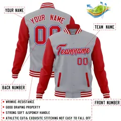 Gray Red-White Raglan Varsity Full-Snap Letterman Jacket 4