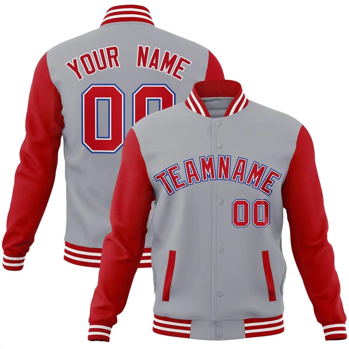 Gray Red-White Raglan Varsity Full-Snap Letterman Jacket