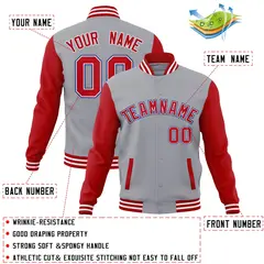 Gray Red-White Raglan Varsity Full-Snap Letterman Jacket 4