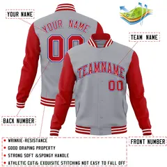 Gray Red-White Raglan Varsity Full-Snap Letterman Jacket 4