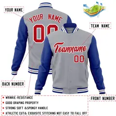 Gray Red-White Raglan Varsity Full-Snap Letterman Jacket 4