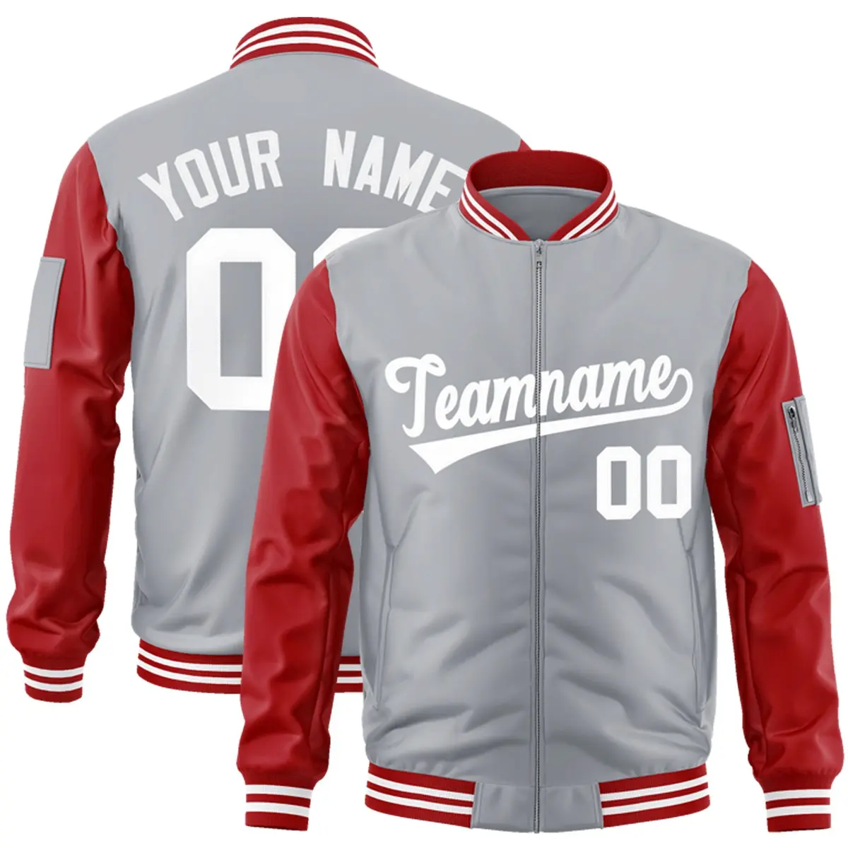 Gray Red-White Raglan Varsity Letterman Bomber Jacket