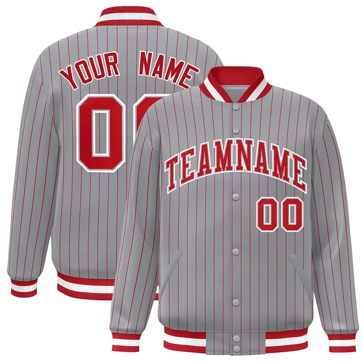 Gray Red-White Stripe Letterman Bomber Varsity Jacket