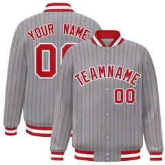 Gray Red-White Stripe Letterman Bomber Varsity Jacket