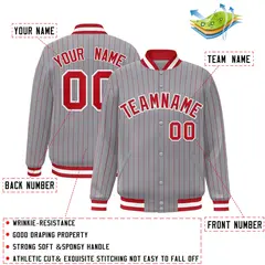 Gray Red-White Stripe Letterman Bomber Varsity Jacket 2