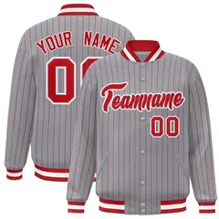 Gray Red-White Stripe Letterman Bomber Varsity Jacket