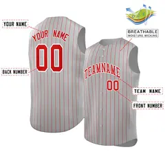 Gray Red-White Striped Sleeveless Fashion Baseball Jersey 2
