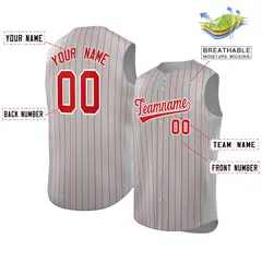 Gray Red-White Striped Sleeveless Fashion Baseball Jersey 2