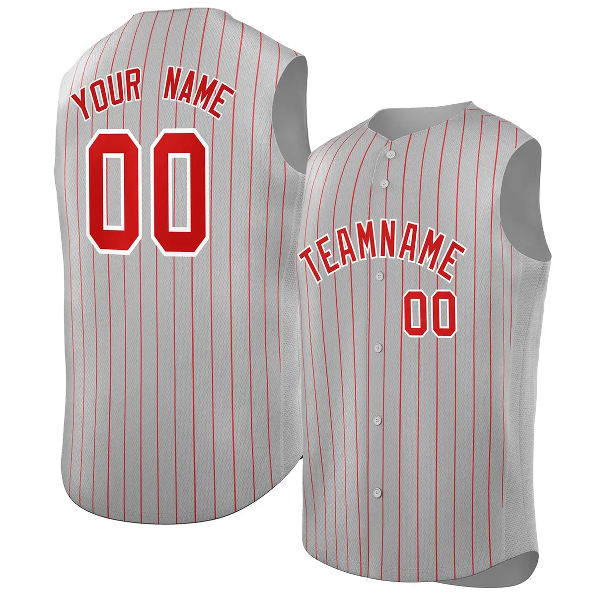 Gray Red-White Striped Sleeveless Fashion Baseball Jersey