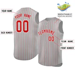 Gray Red-White Striped Sleeveless Fashion Baseball Jersey 2