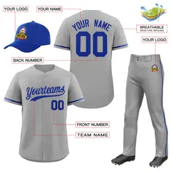 Gray Royal Blue Baseball Jersey Pants Hat Uniform Package 2