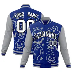Gray Royal Blue White Halloween Bats Pumpkins Ghost Letterman Jacket