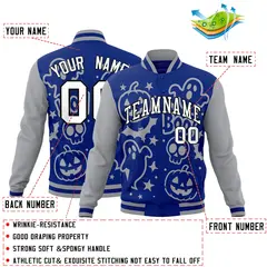Gray Royal Blue White Halloween Bats Pumpkins Ghost Letterman Jacket 2