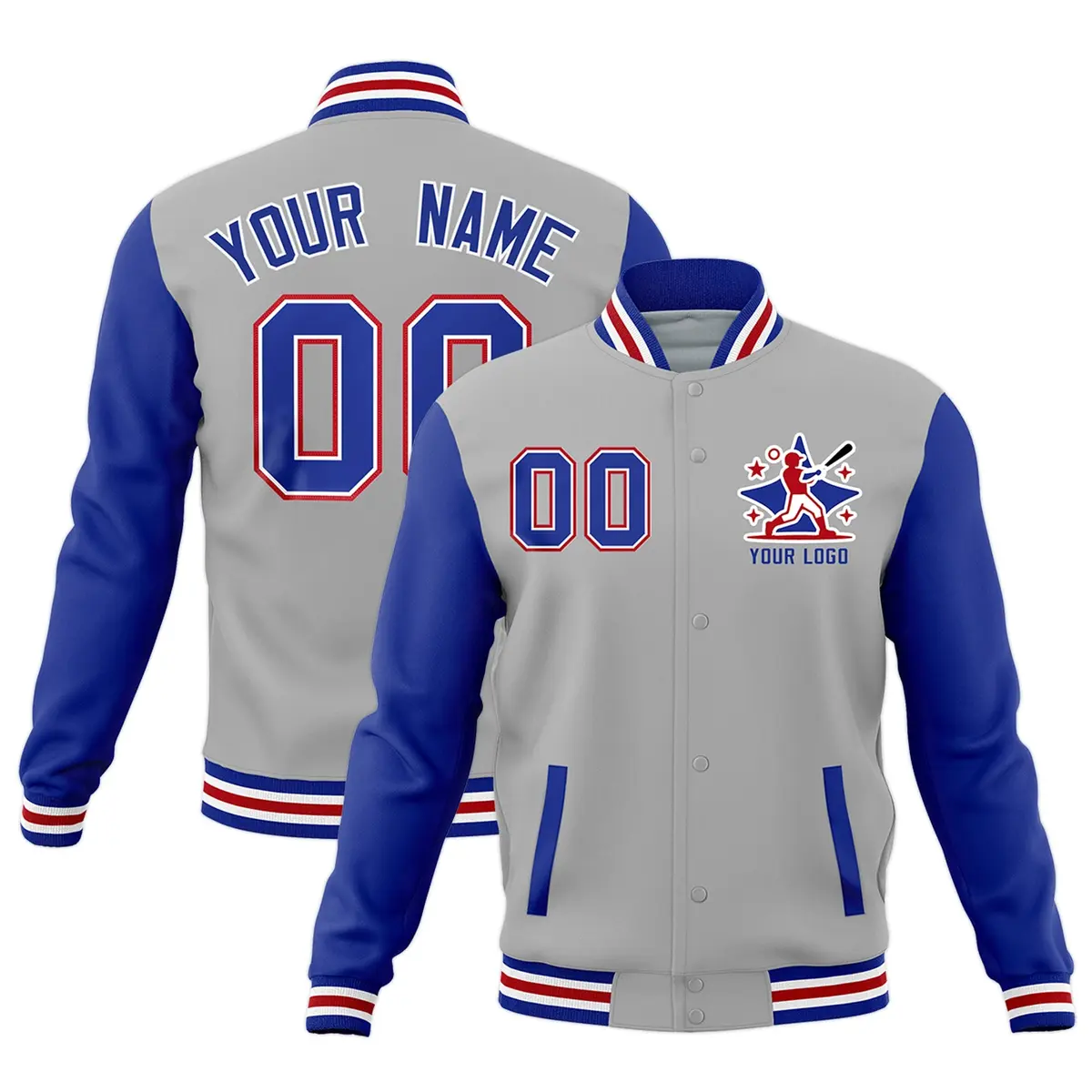 Gray Royal Blue White Raglan Full-Snap Letterman Cotton Jacket