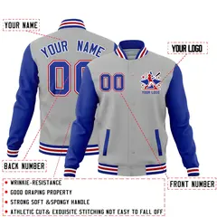 Gray Royal Blue White Raglan Full-Snap Letterman Cotton Jacket 2