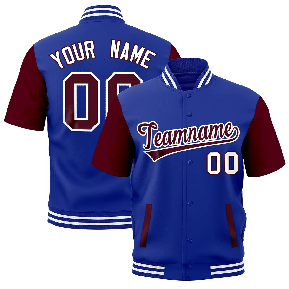 Gray Royal Blue White Short Sleeve Full-Snap Varsity Jacket