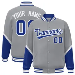 Gray Royal Color Block Full-Snap Varsity Letterman Baseball Jacket 1
