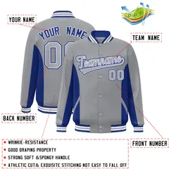 Gray Royal Color Block Full-Snap Varsity Letterman Baseball Jacket 2