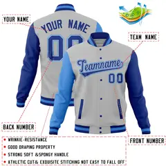 Gray Royal-Powder Blue Full-Snap Raglan Varsity Letterman Jacket 4