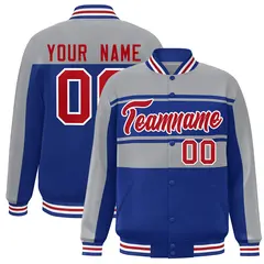 Gray Royal-Red Color Block Varsity Full-Snap Bomber Jacket