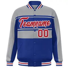Gray Royal-Red Color Block Varsity Full-Snap Bomber Jacket 3