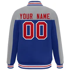 Gray Royal-Red Color Block Varsity Full-Snap Bomber Jacket 4