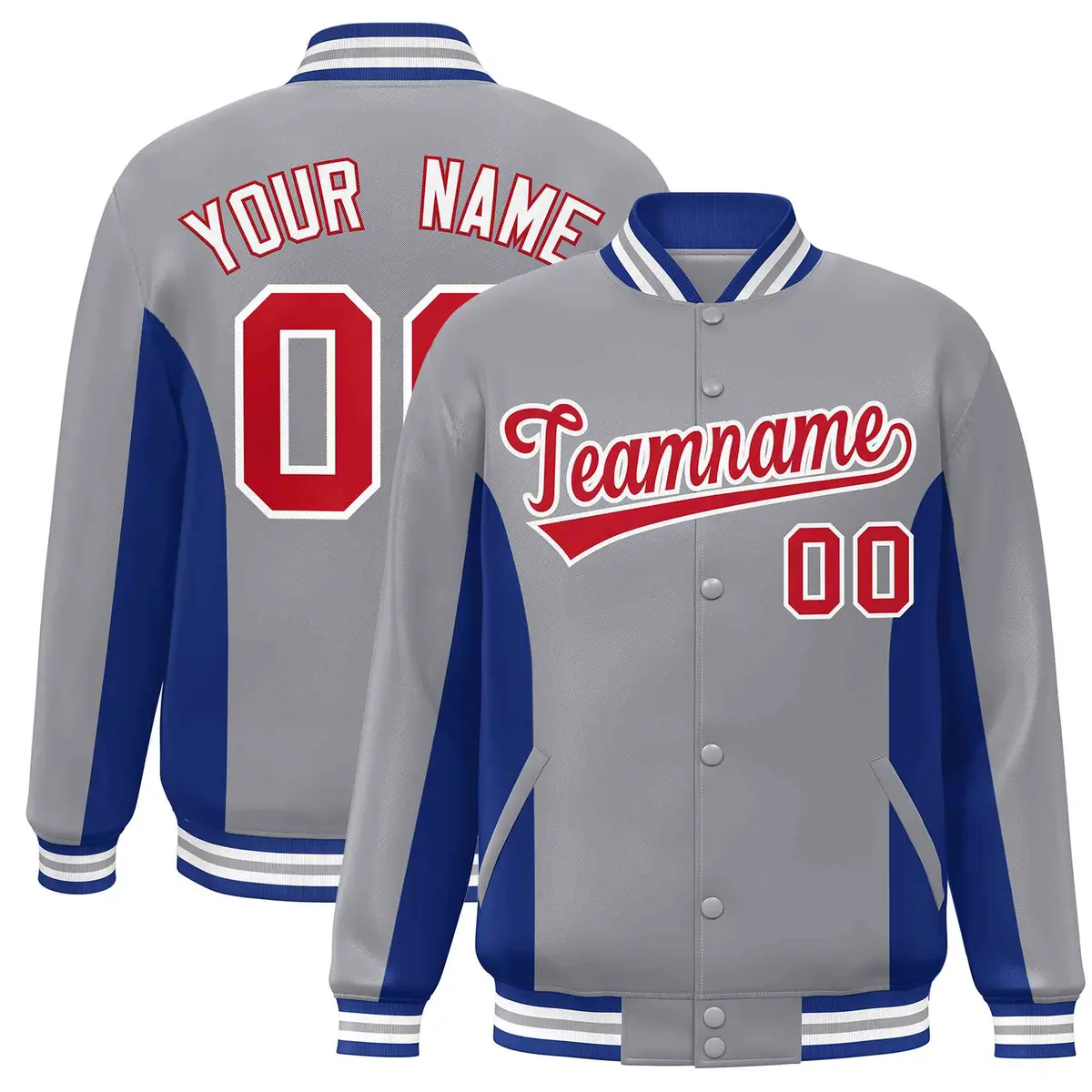 Gray Royal-Red Color Block Varsity Full-Snap Letterman Baseball Jacket